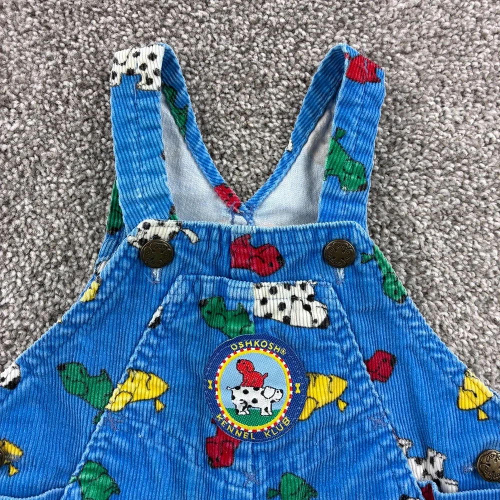 Vintage OshKosh Overalls Kids 6/9M Blue Cotton Kennel Klub Dog Print